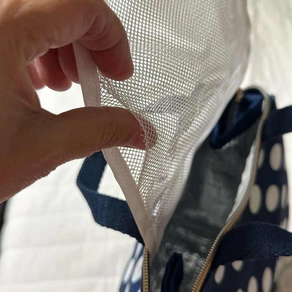 kate spade Navy White Jumbo Polka Dot Gold Tone Zip Lunch Bag NWT